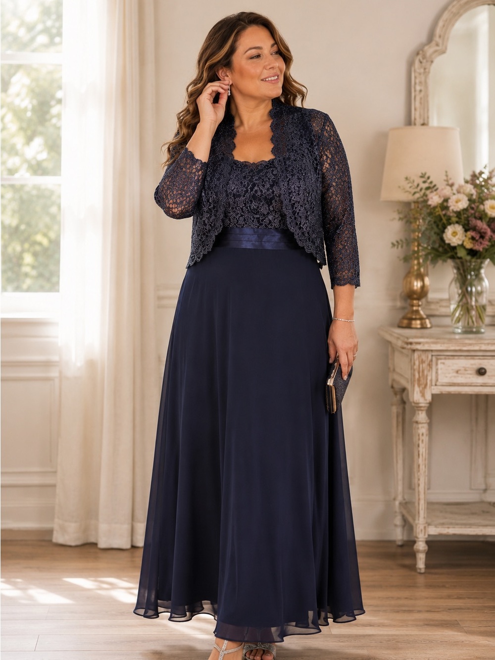 NWT RM Richards Navy Lace Jacket & Chiffon Formal Dress Set Size 16